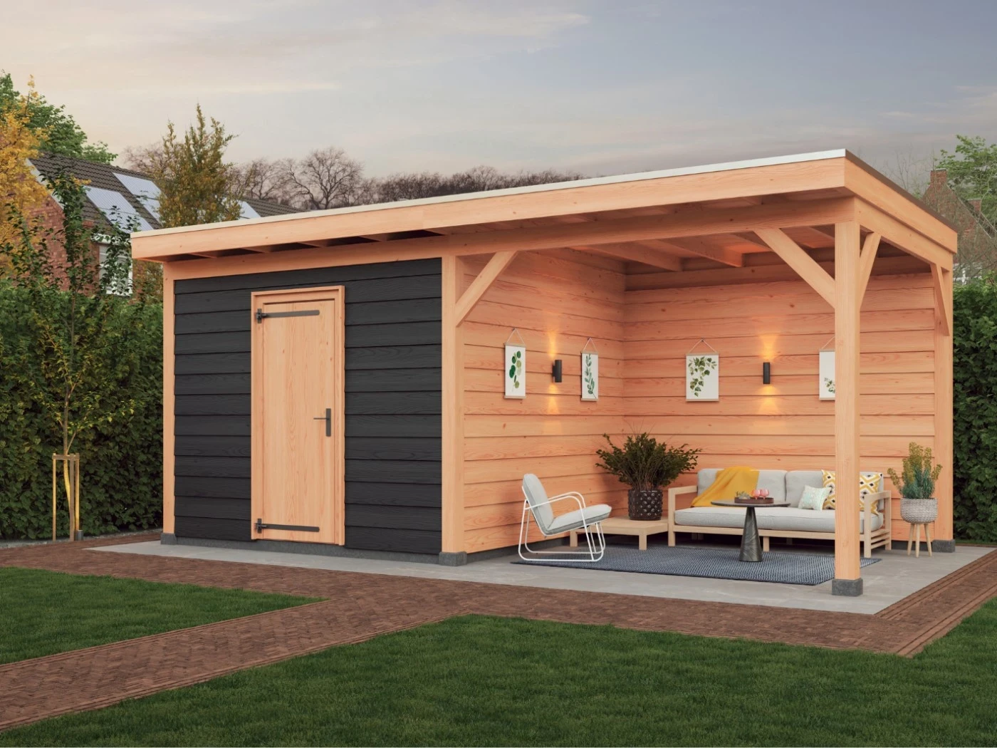 Douglas overkapping, 600 x 300, met achterwand en twee zijwanden, Westwood Comfort Zwart - Afbeelding 3